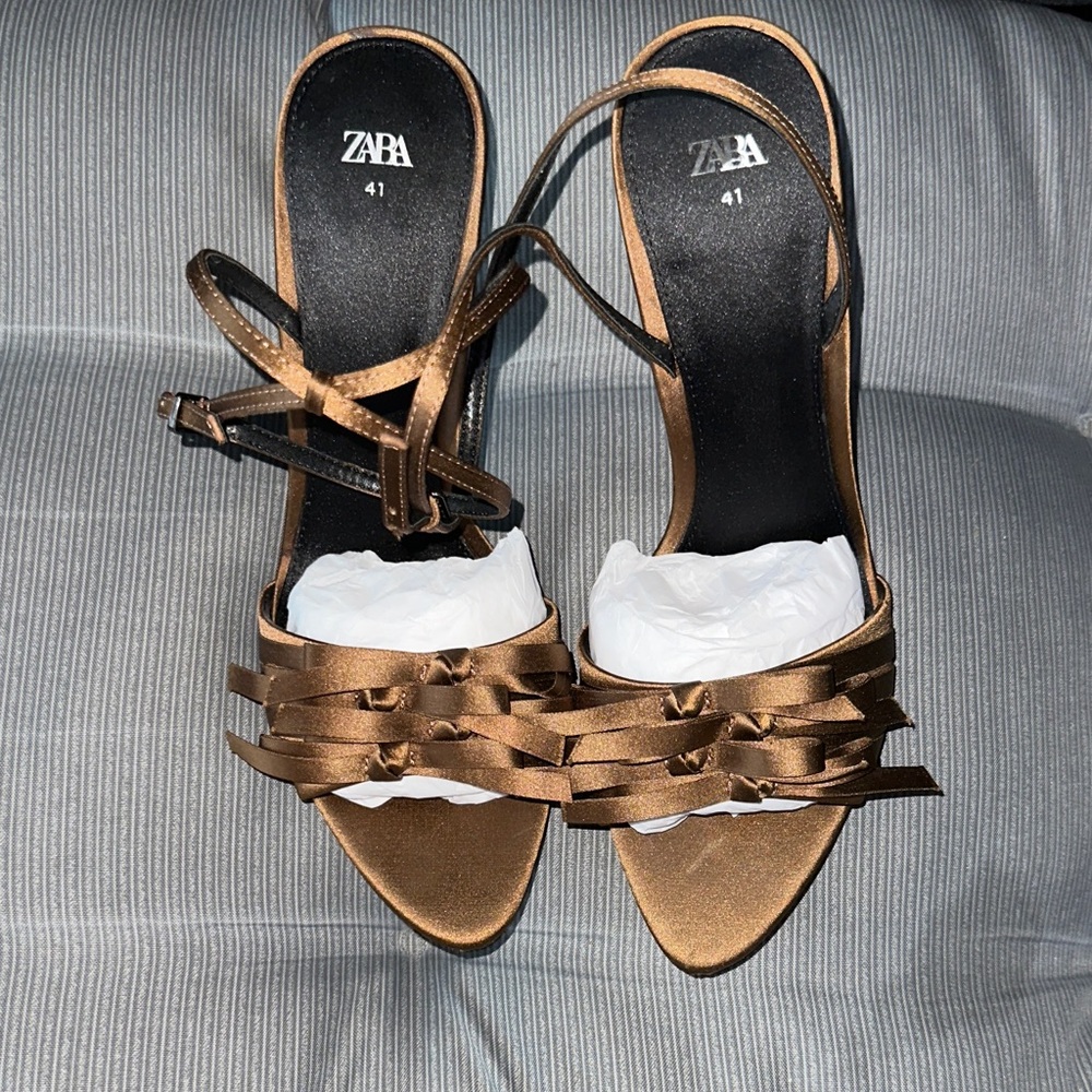 Zara Women's Elegant Brown Ribbon Heels